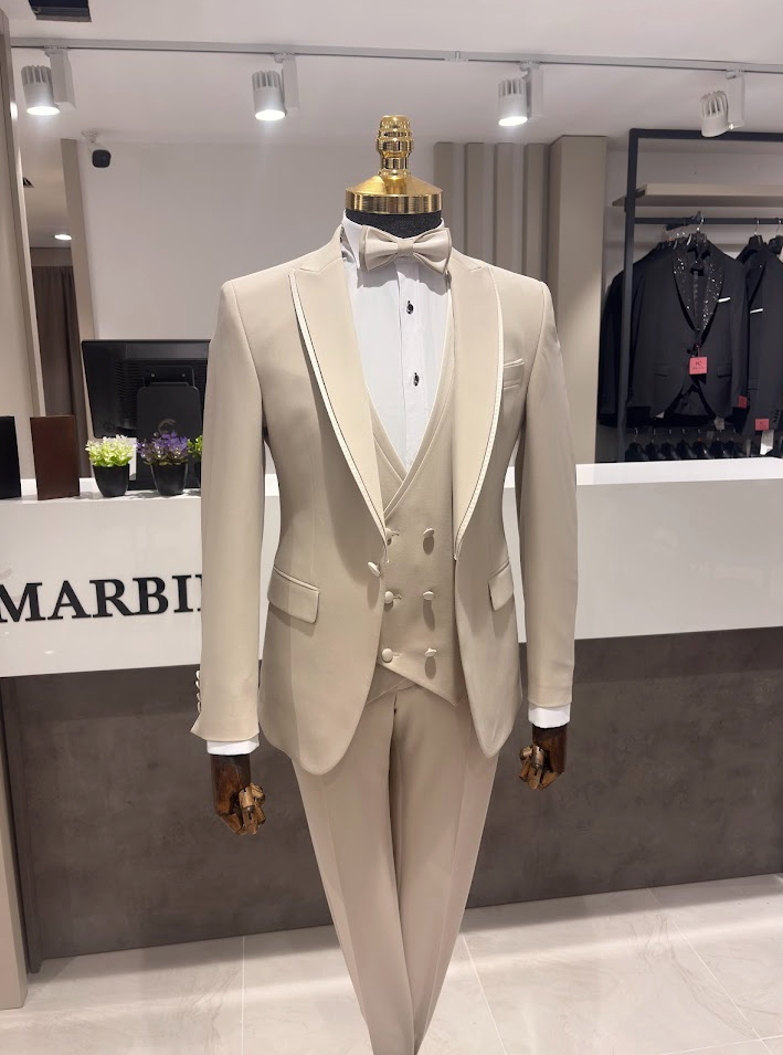 İtalyan Stil Çıkarılabilir Yaka Ceket Yelek Pantolon Damatlık Set