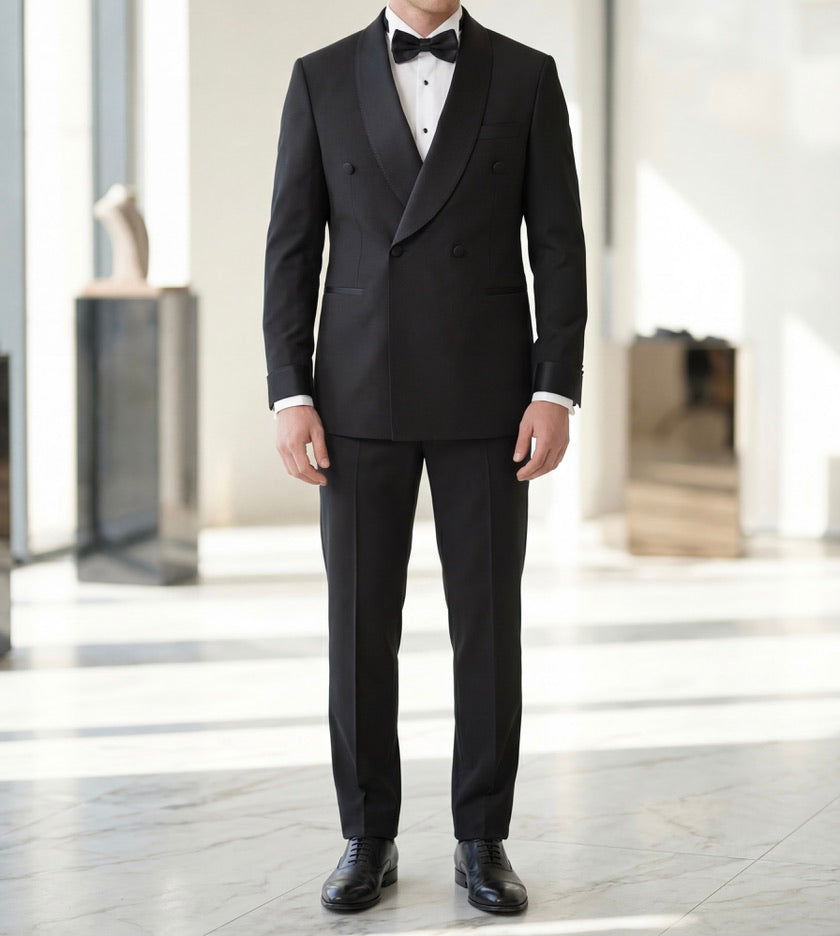 İtalyan Stil Black Royal Şal Yaka Smokin Damatlık Set-Siyah