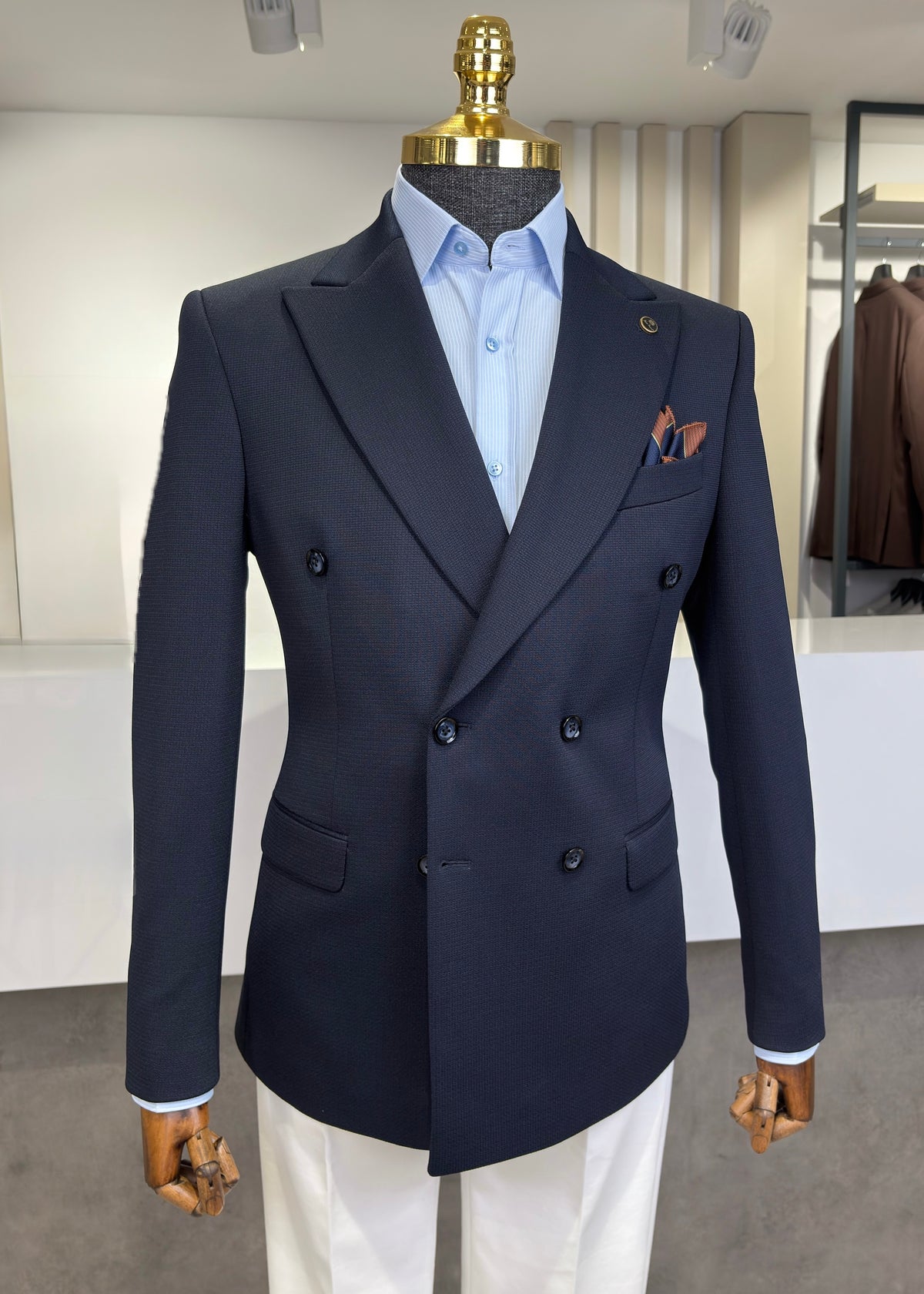 İtalyan Stil Slim Fit Kruvaze Erkek Tek Ceket Lacivert