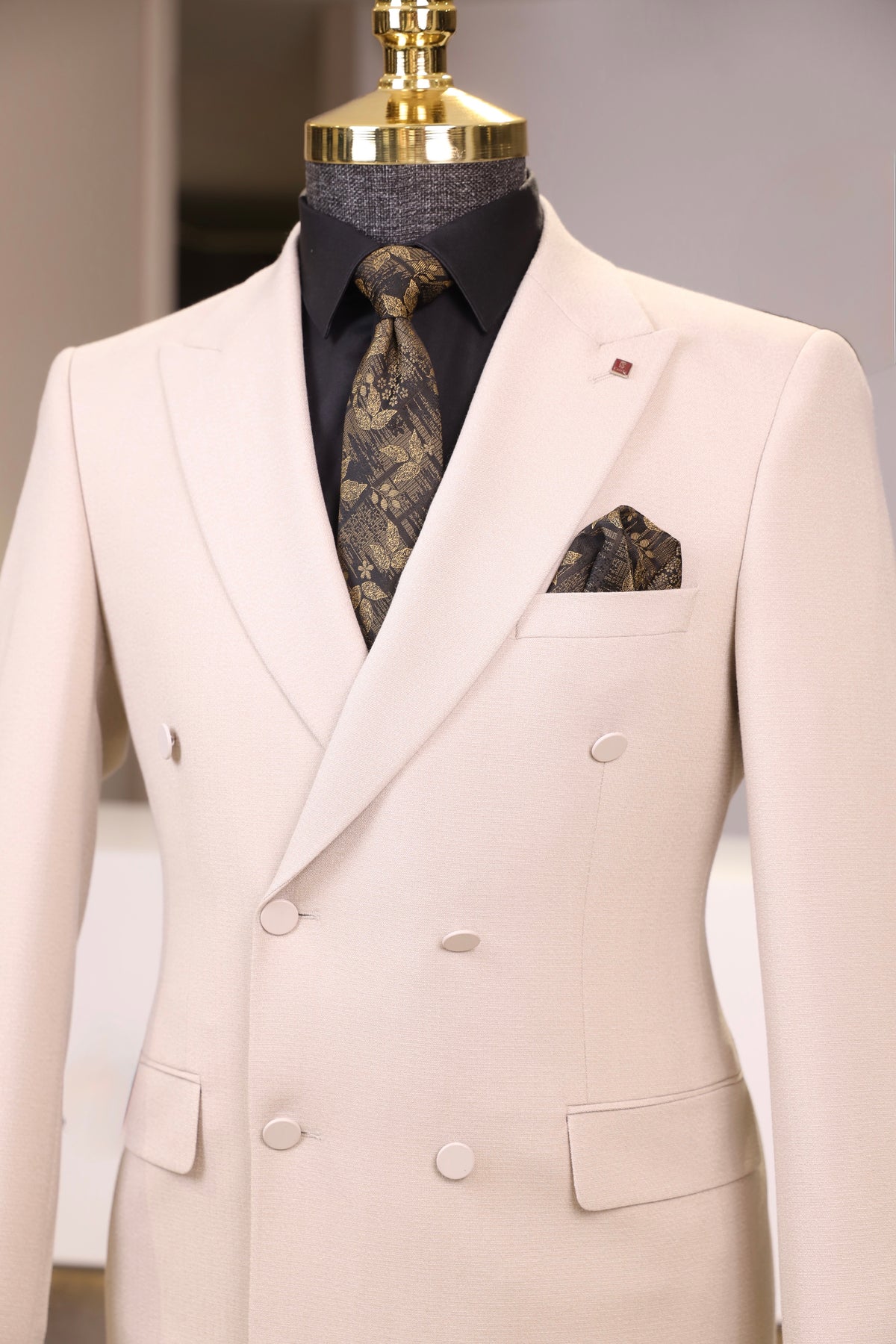 Slim Fit Erkek Sivri Yaka  Kruvaze Ceket Pantolon Takım Elbise- Bej
