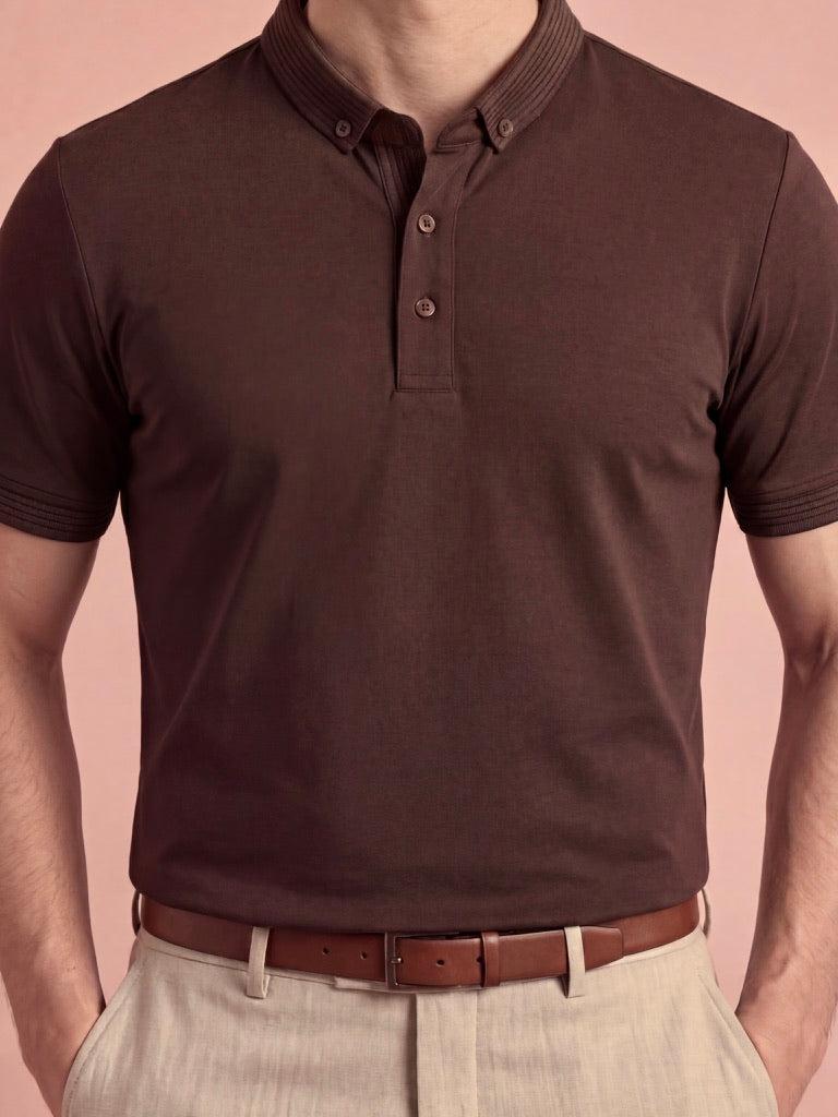 Erkek Slim Fit Polo Yaka Pamuklu Acı Kahve Renk Tişört
