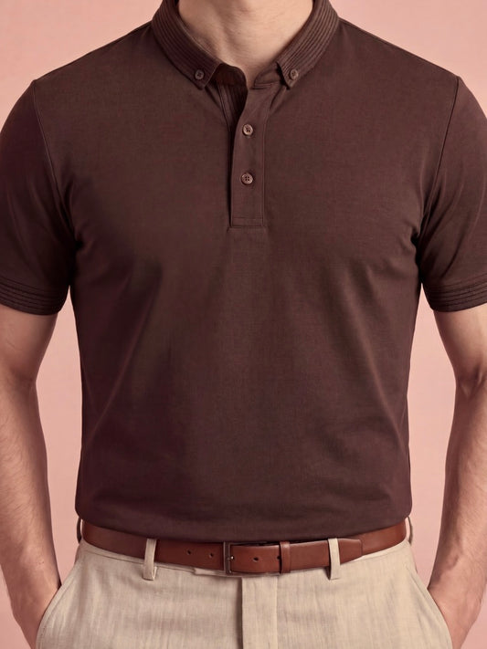 Erkek Slim Fit Polo Yaka Pamuklu Acı Kahve Renk Tişört