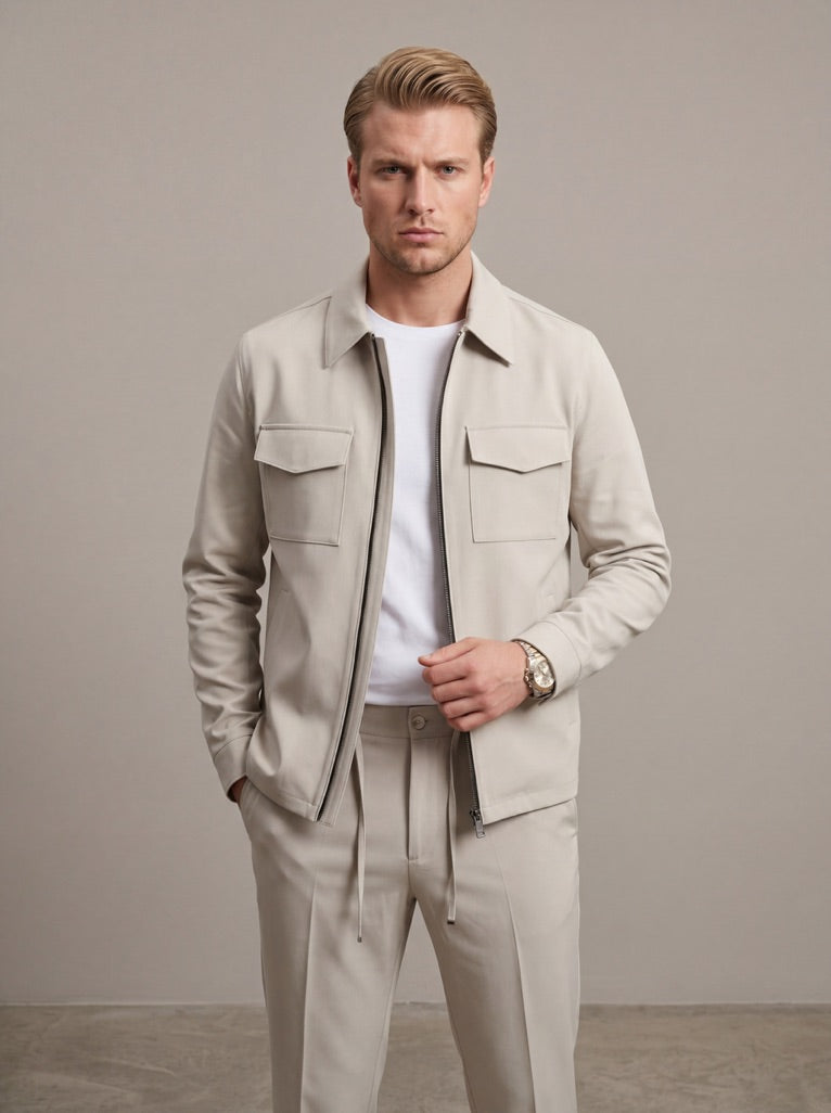 Premium Çift Fermuarlı Spor Ceket-Pantolon BEJ