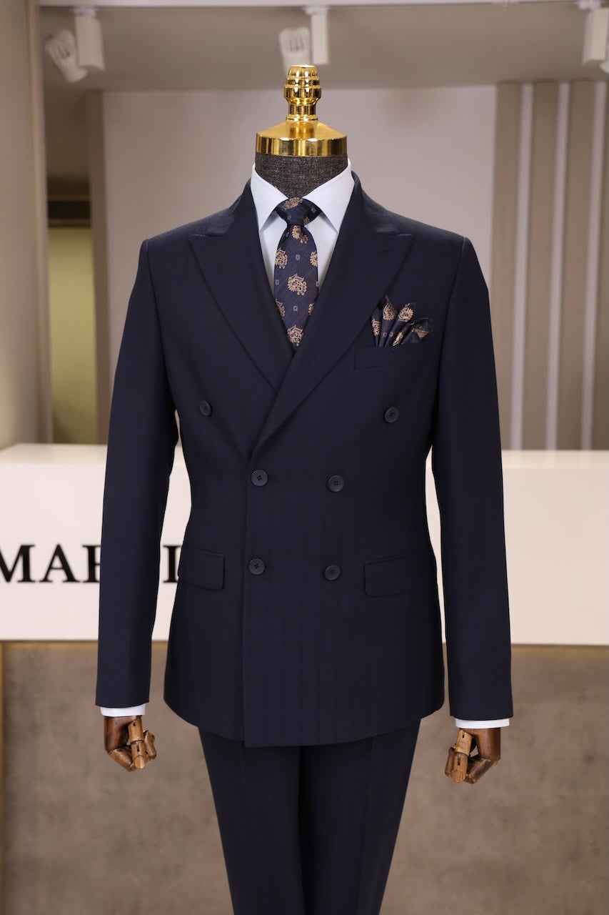 Slim Fit Erkek Sivri Yaka Çizgili Kruvaze Ceket Pantolon Takım Elbise-Lacivert