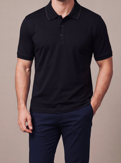 Polo Yaka Çizgili Tişört-Siyah