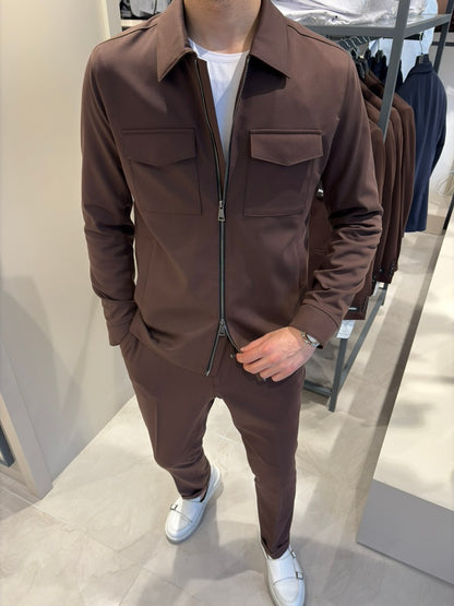 Premium Çift Fermuarlı Spor  Ceket-Pantolon KAHVERENGİ