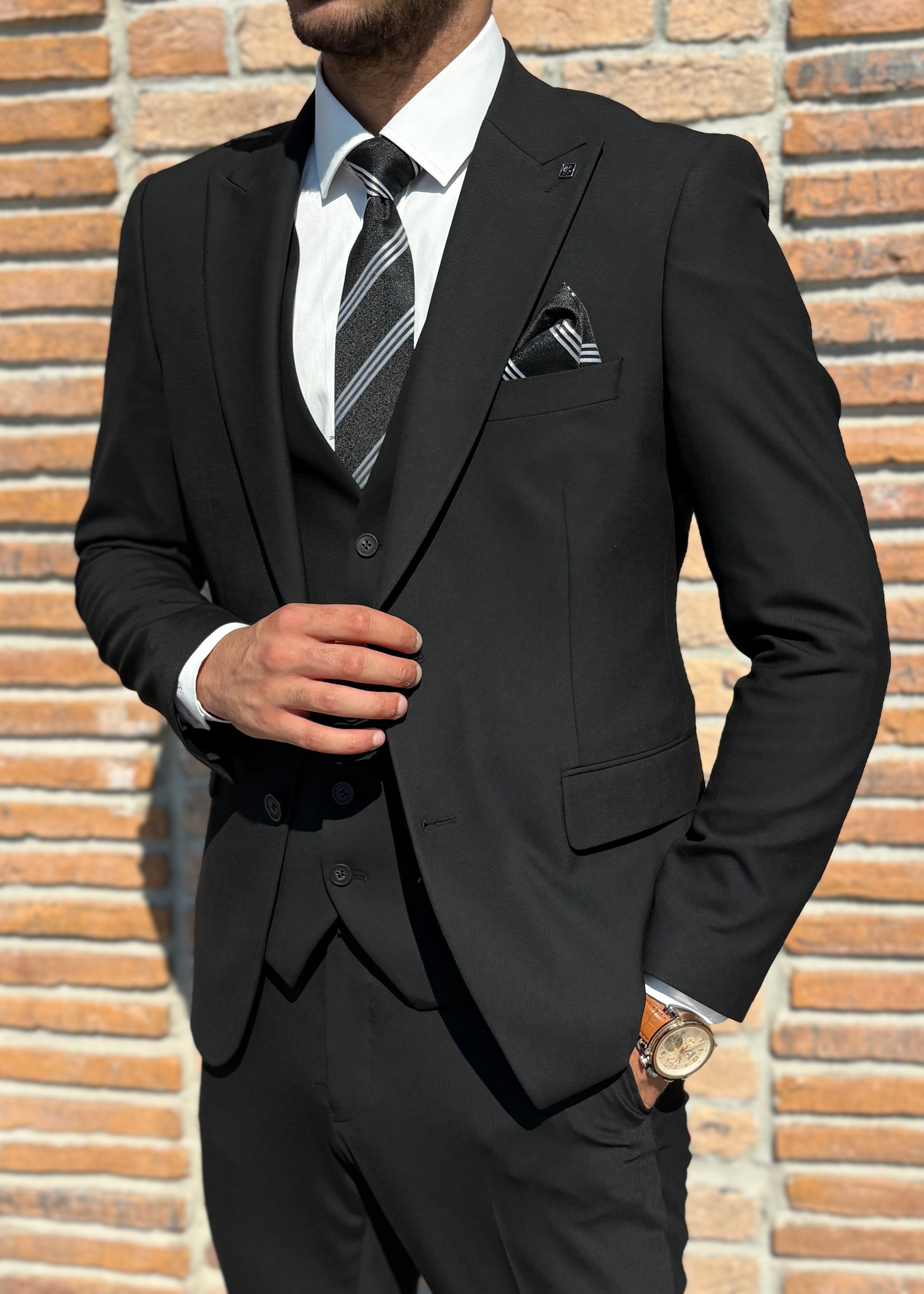 Slim Fit Erkek Sivri Yaka Ceket Yelek Pantolon Takım Elbise- Siyah