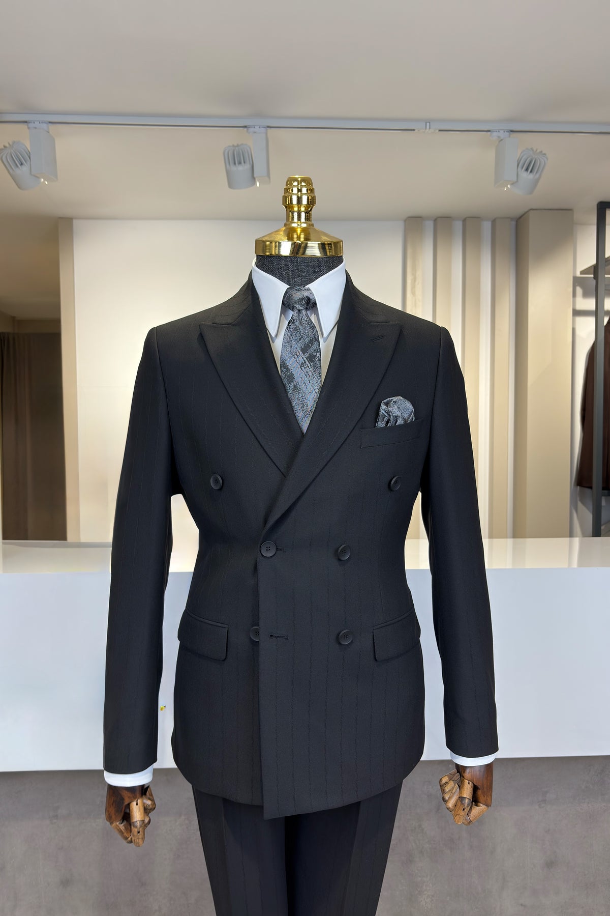 Slim Fit Erkek Sivri Yaka Çizgili Kruvaze Ceket Pantolon Takım Elbise- Siyah