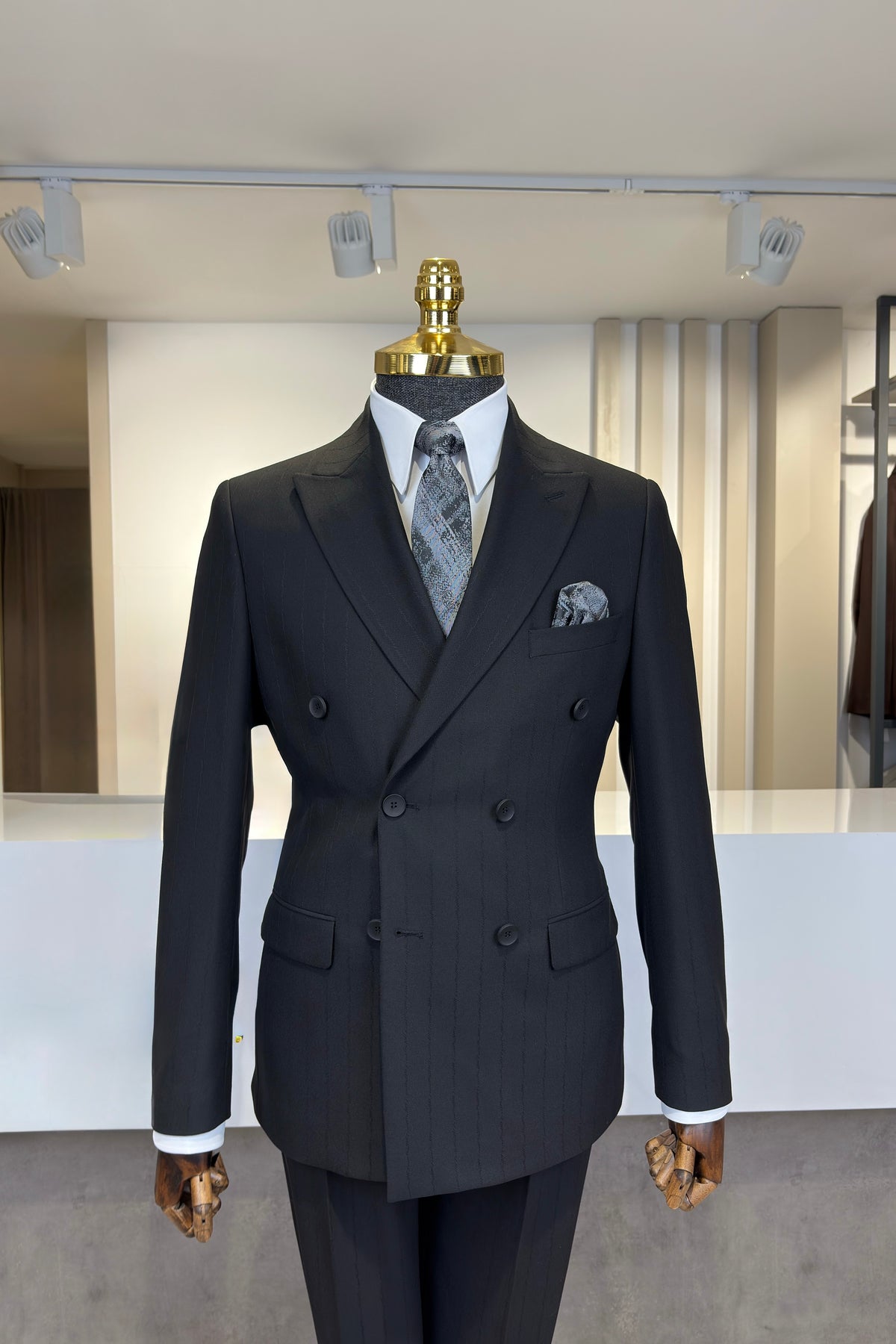 Slim Fit Erkek Sivri Yaka Çizgili Kruvaze Ceket Pantolon Takım Elbise- Siyah
