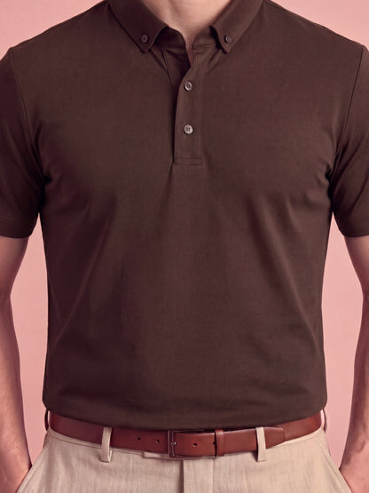 Erkek Slim Fit Polo Yaka Pamuklu Kahve Renk Tişört