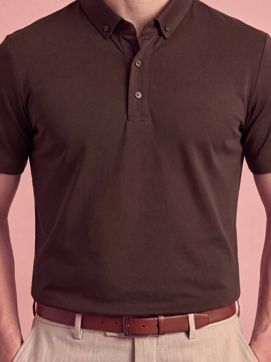 Erkek Slim Fit Polo Yaka Pamuklu Kahve Renk Tişört