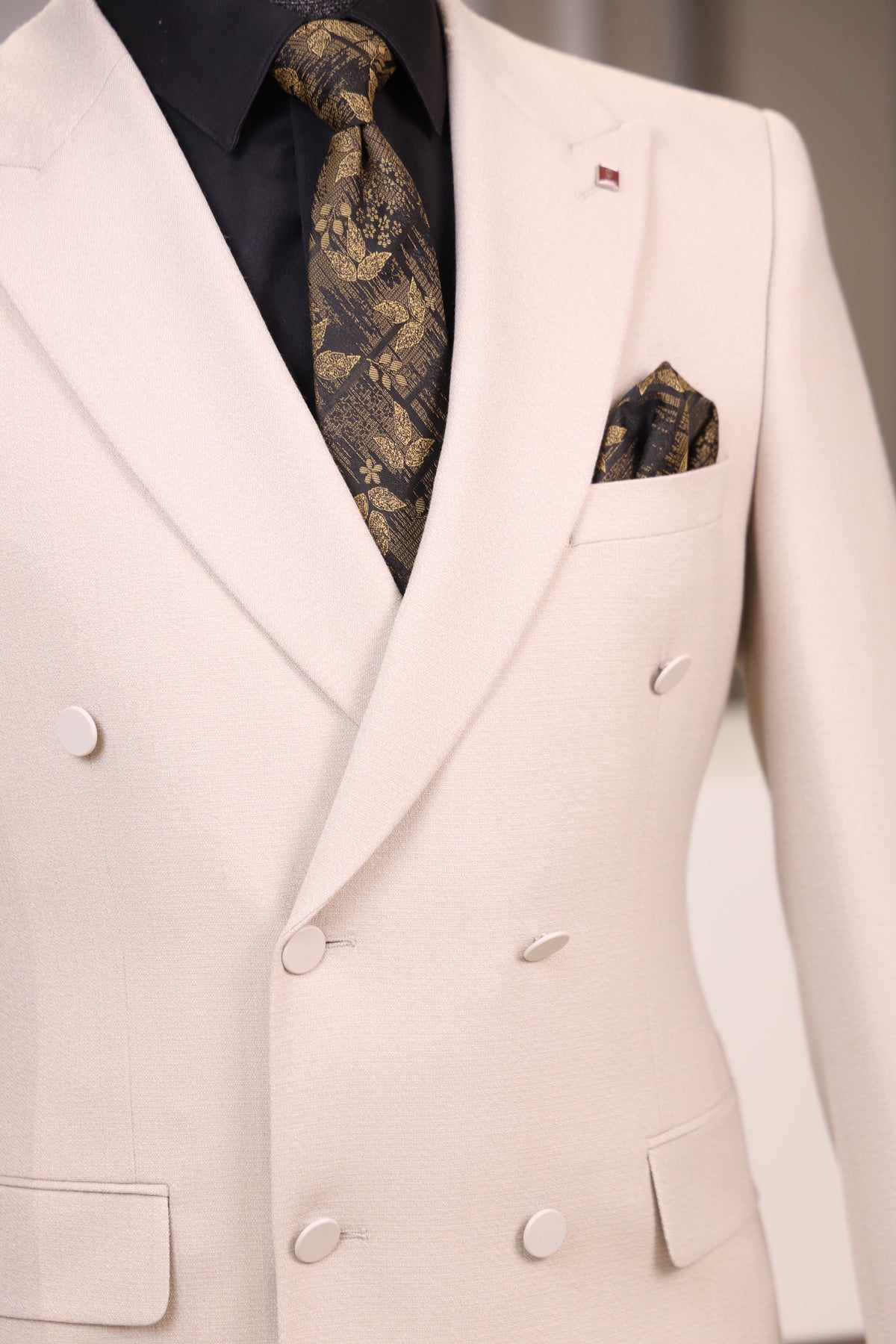 Slim Fit Erkek Sivri Yaka  Kruvaze Ceket Pantolon Takım Elbise- Bej
