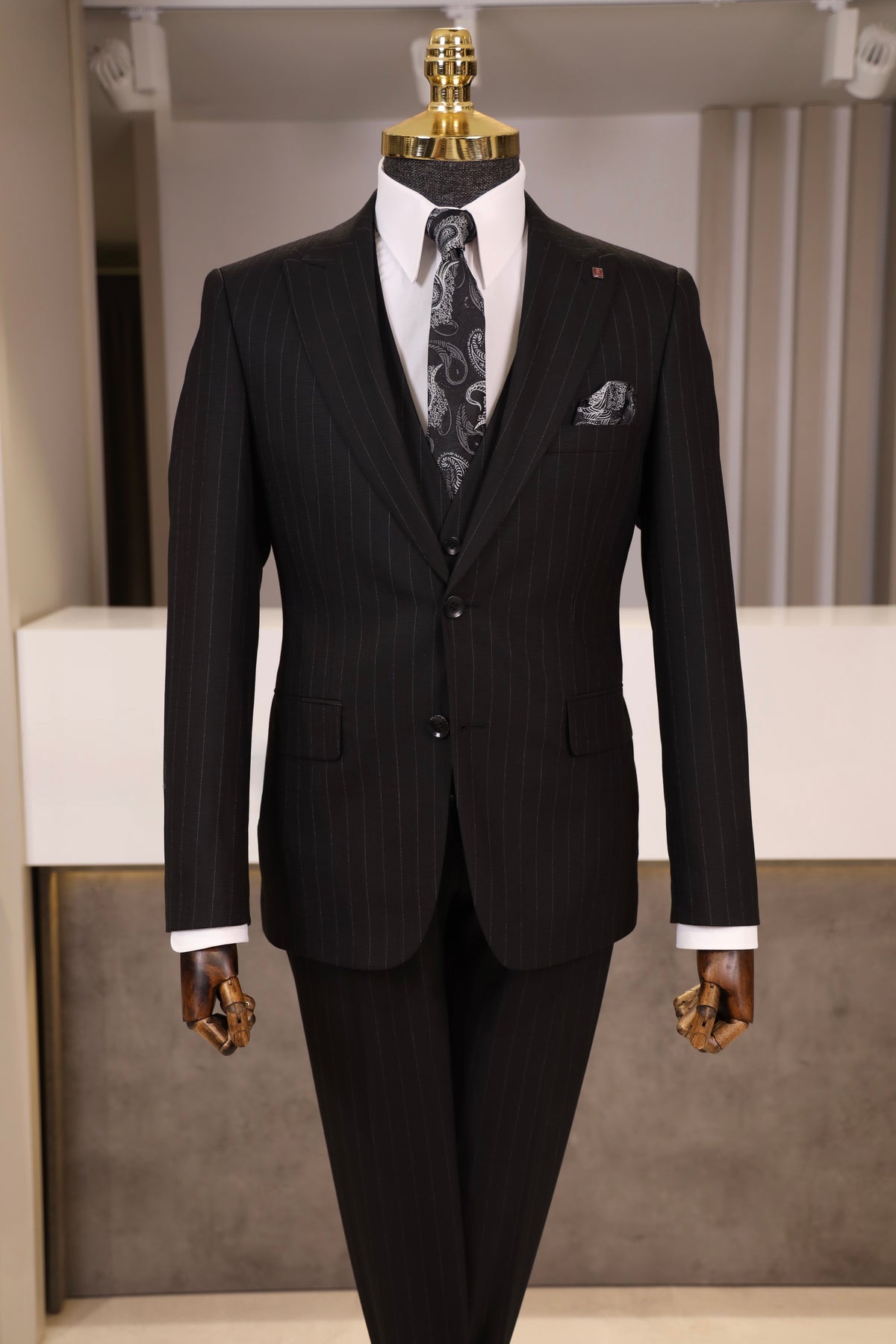 Slim Fit Erkek Sivri Yaka Çizgili Kruvaze Ceket Pantolon Takım Elbise- Siyah