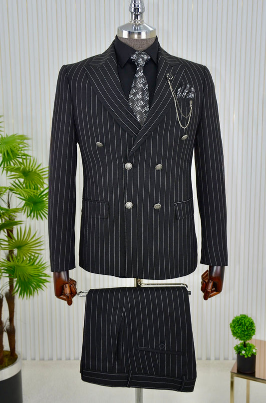 İtalyan Stil Slim fit Çizgili Kruvaze Ceket Pantolon Takım Elbise