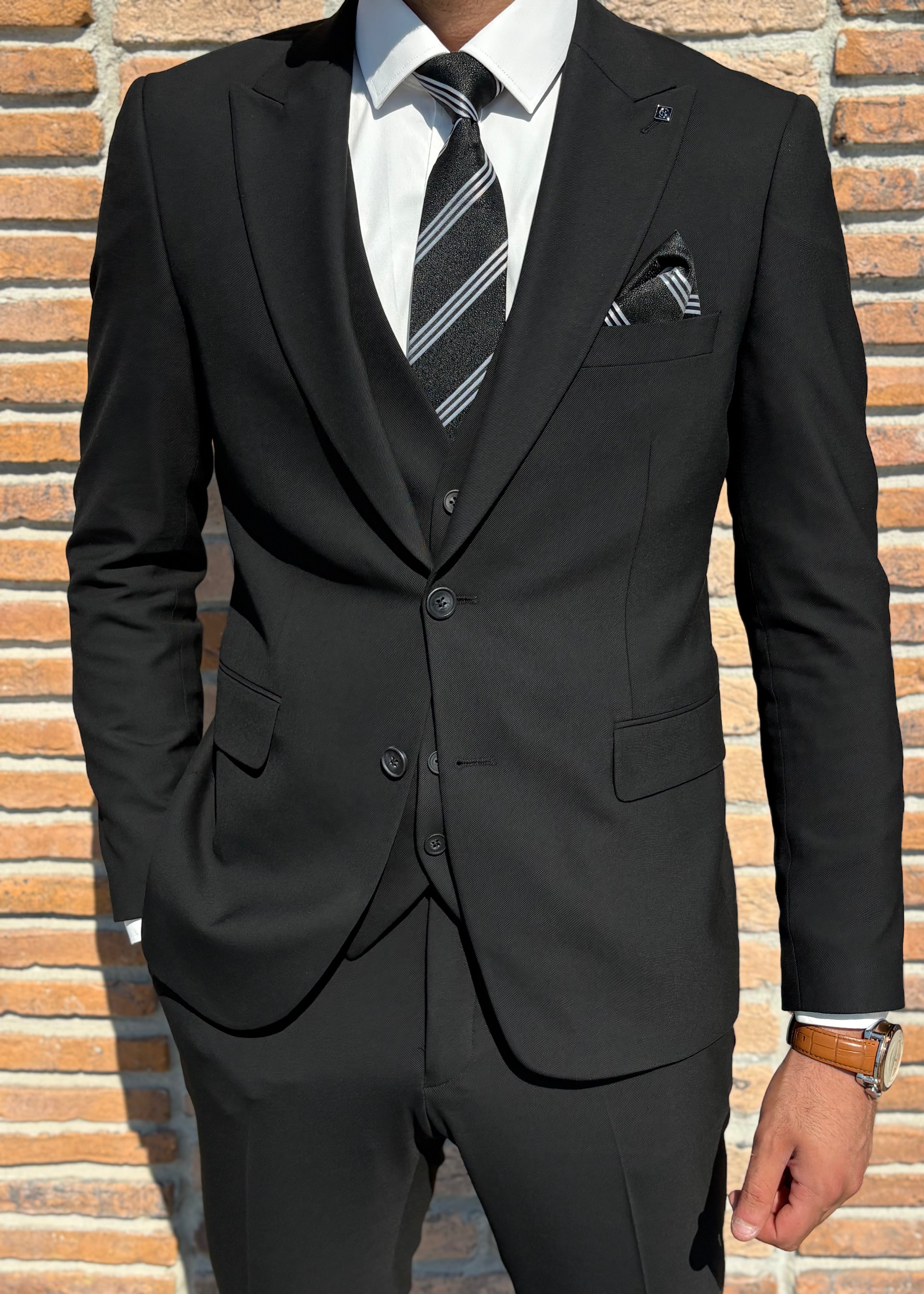 Slim Fit Erkek Sivri Yaka Ceket Yelek Pantolon Takım Elbise- Siyah