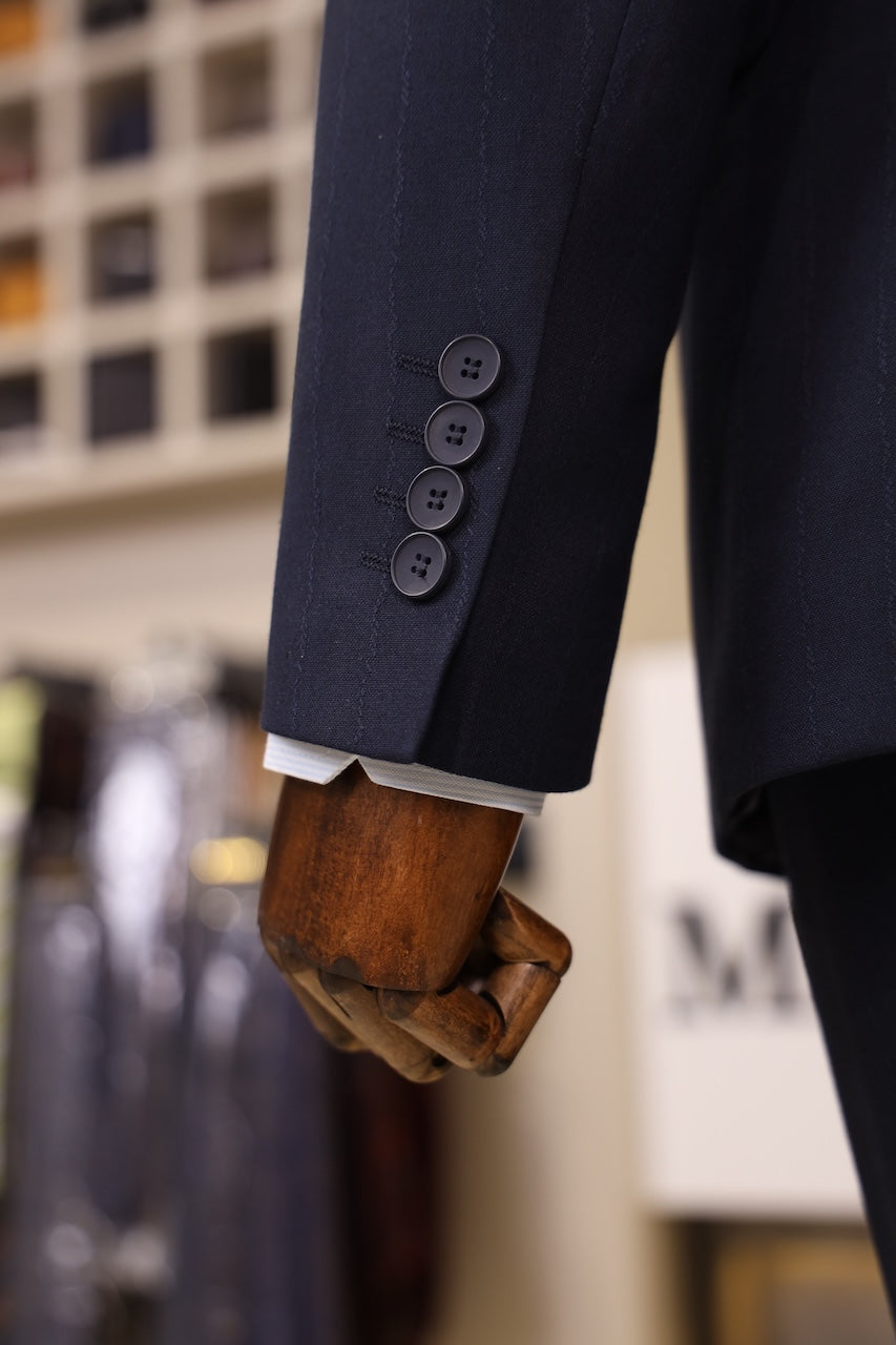 Slim Fit Erkek Sivri Yaka Çizgili Kruvaze Ceket Pantolon Takım Elbise-Lacivert