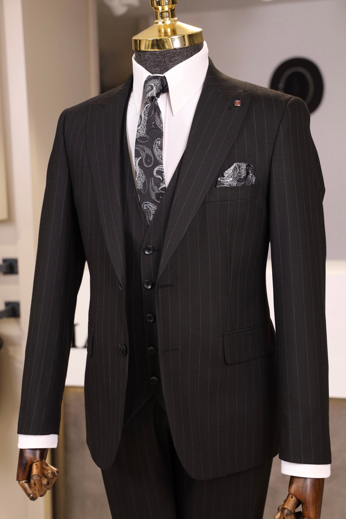Slim Fit Erkek Sivri Yaka Çizgili Kruvaze Ceket Pantolon Takım Elbise- Siyah