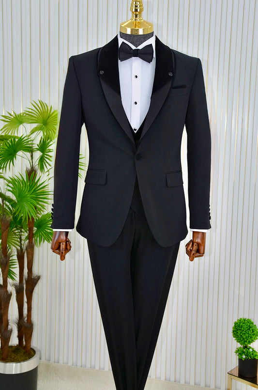 İtalyan Stil Şal Yaka (Saten-Kadife) Slimfit Damatlık Takım Elbise