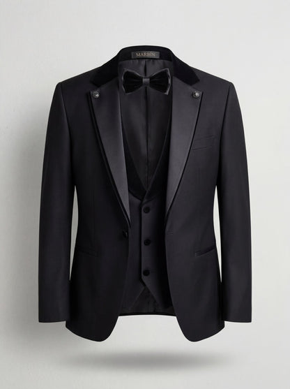 İtalyan Stil Çıkarılabilir Süet Yaka Smokin/Damatlık Set-Siyah