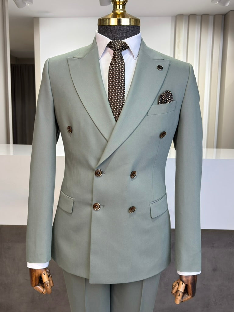 Slim Fit Erkek Sivri Yaka Kruvaze Ceket Pantolon Takım Elbise- Yeşil