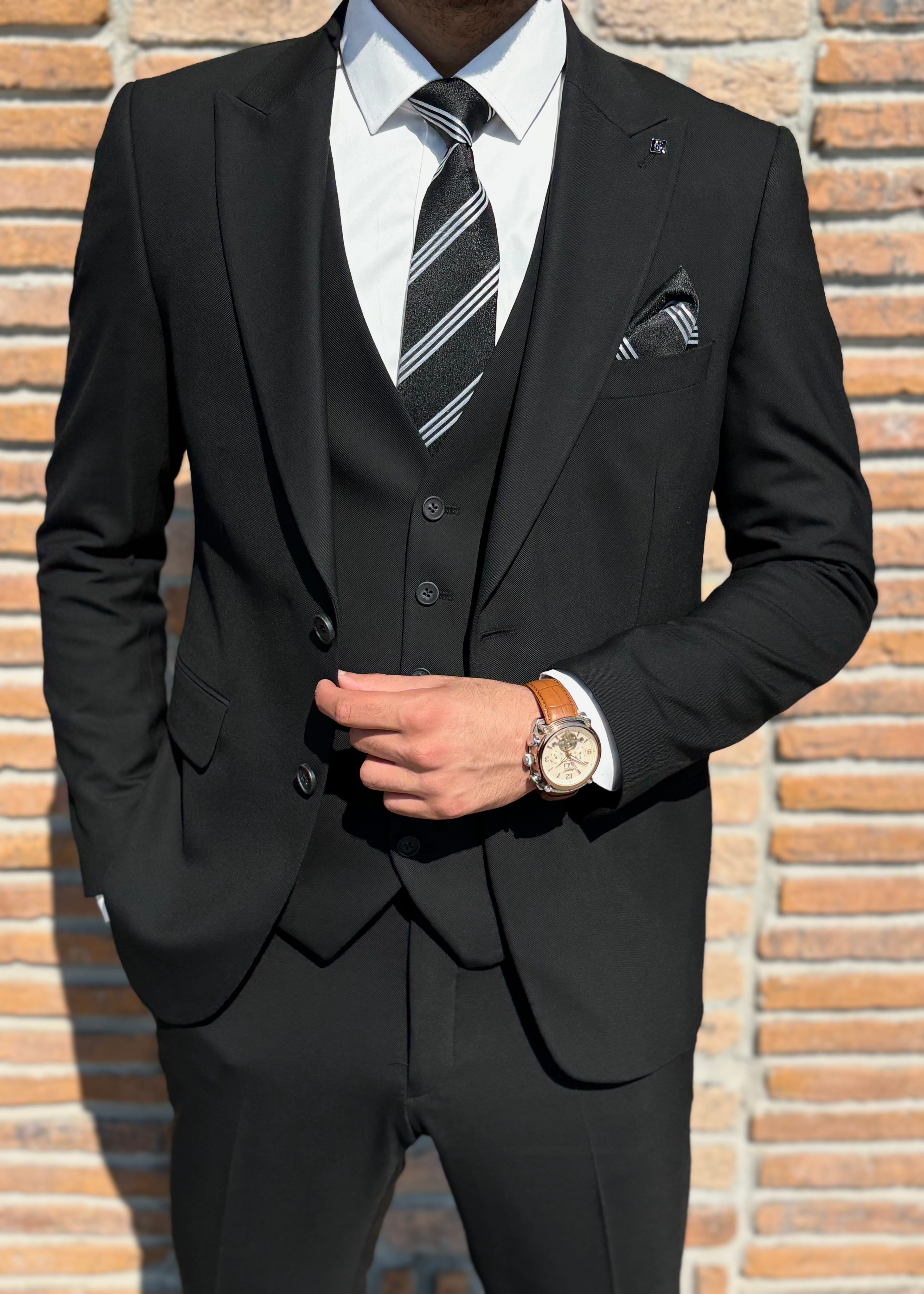 Slim Fit Erkek Sivri Yaka Ceket Yelek Pantolon Takım Elbise- Siyah
