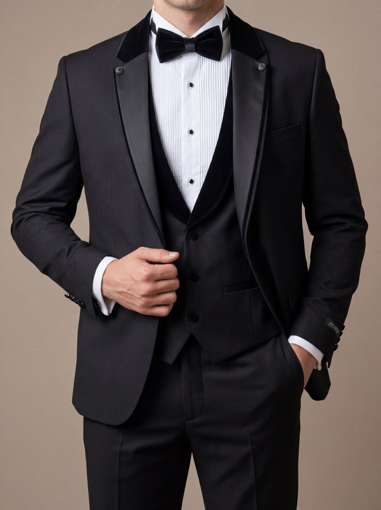 İtalyan Stil Çıkarılabilir Süet Yaka Smokin/Damatlık Set-Siyah