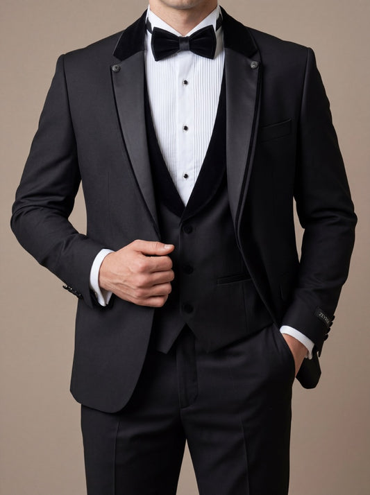 İtalyan Stil Çıkarılabilir Süet Yaka Smokin/Damatlık Set-Siyah