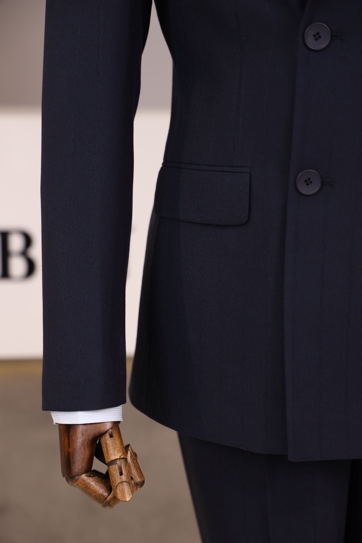 Slim Fit Erkek Sivri Yaka Çizgili Kruvaze Ceket Pantolon Takım Elbise-Lacivert