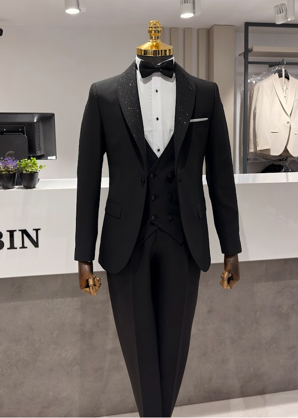 italyan stil çıkarılabilir yaka ceket yelek pantolon damatlık set Siyah