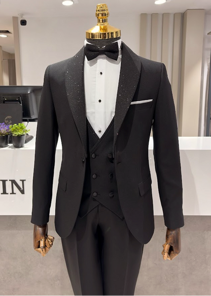 italyan stil çıkarılabilir yaka ceket yelek pantolon damatlık set Siyah