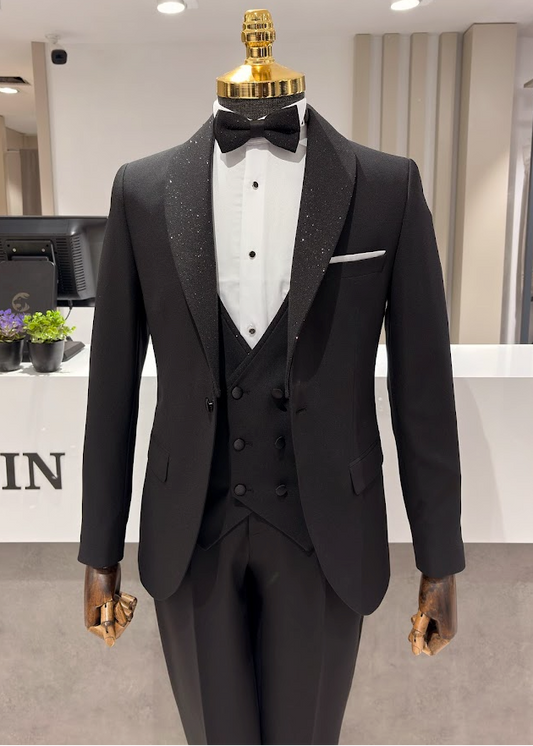 italyan stil çıkarılabilir yaka ceket yelek pantolon damatlık set Siyah
