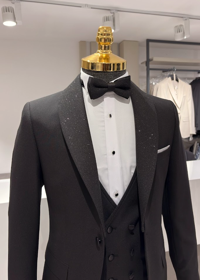 italyan stil çıkarılabilir yaka ceket yelek pantolon damatlık set Siyah