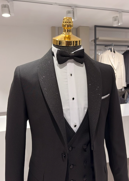 italyan stil çıkarılabilir yaka ceket yelek pantolon damatlık set Siyah