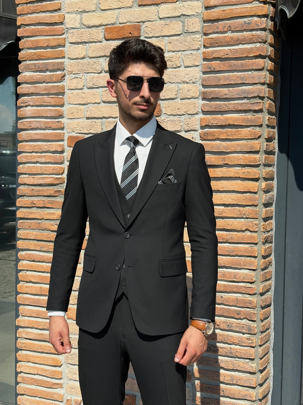 Slim Fit Erkek Sivri Yaka Ceket Yelek Pantolon Takım Elbise- Siyah