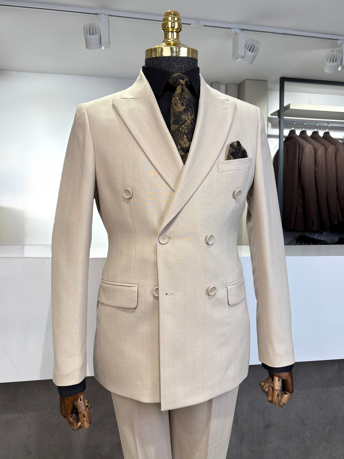 Slim Fit Erkek Sivri Yaka Desenli Kruvaze Ceket Pantolon Takım Elbise- Bej