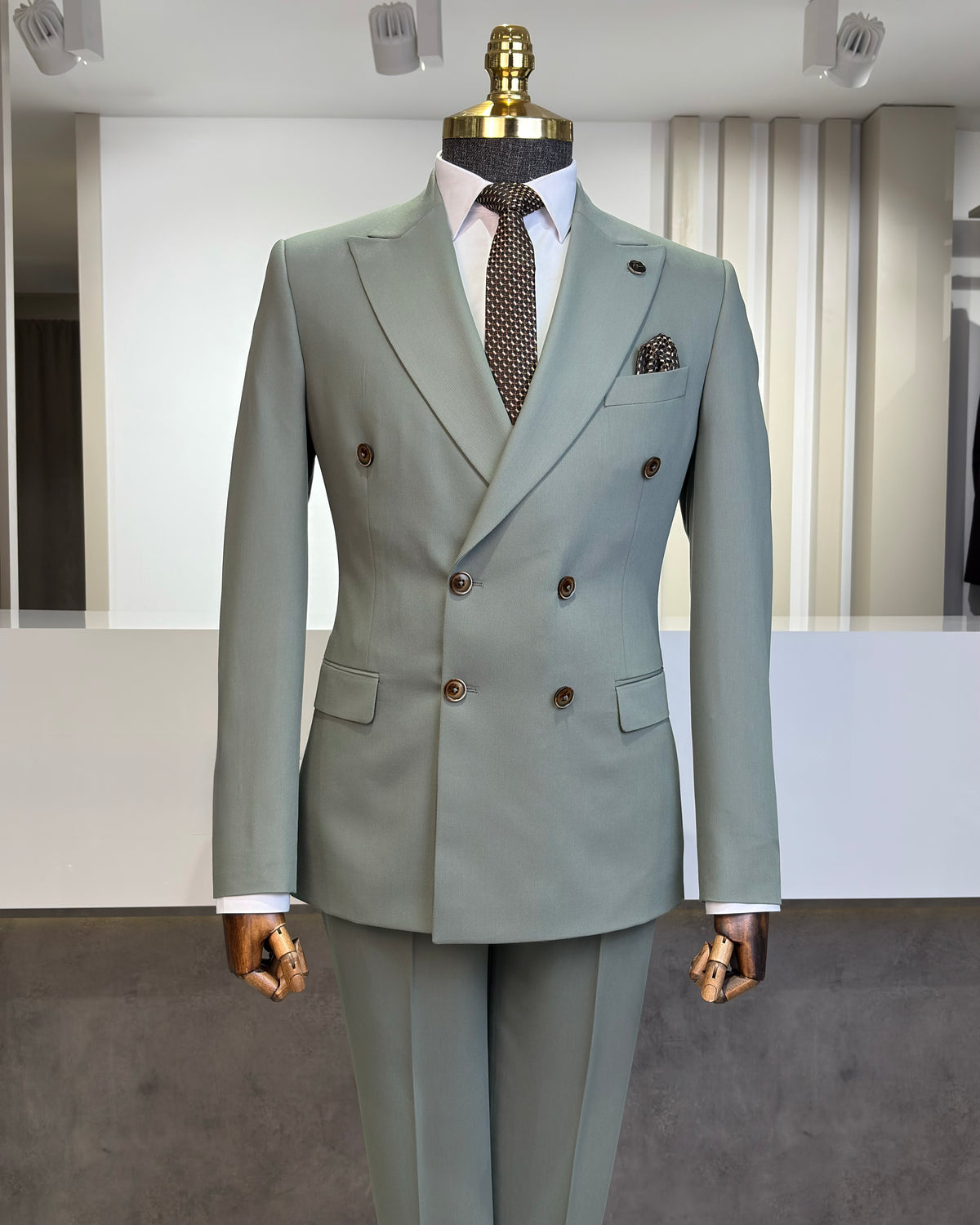 Slim Fit Erkek Sivri Yaka Kruvaze Ceket Pantolon Takım Elbise- Yeşil
