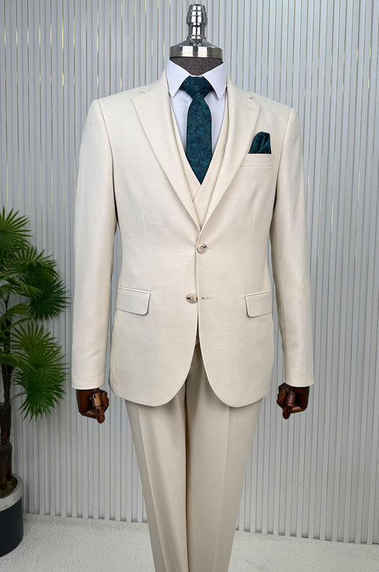 İtalyan Stil Yelekli Takım Elbise Bej