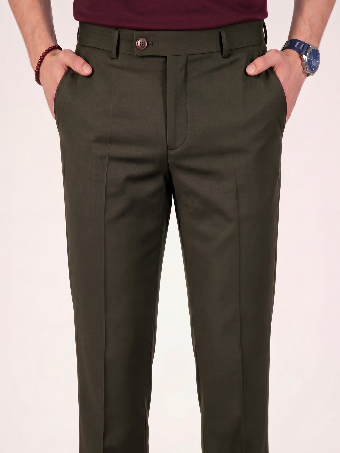 Erkek Slim Fit Haki Renk Kumaş Pantolon