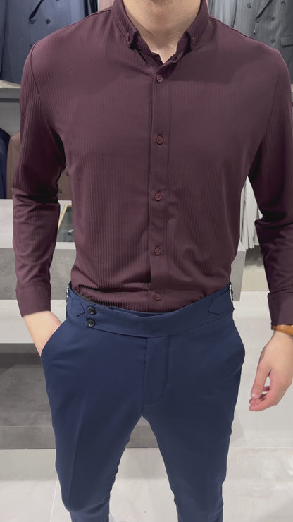 Minimal çizgili gömlek bordo