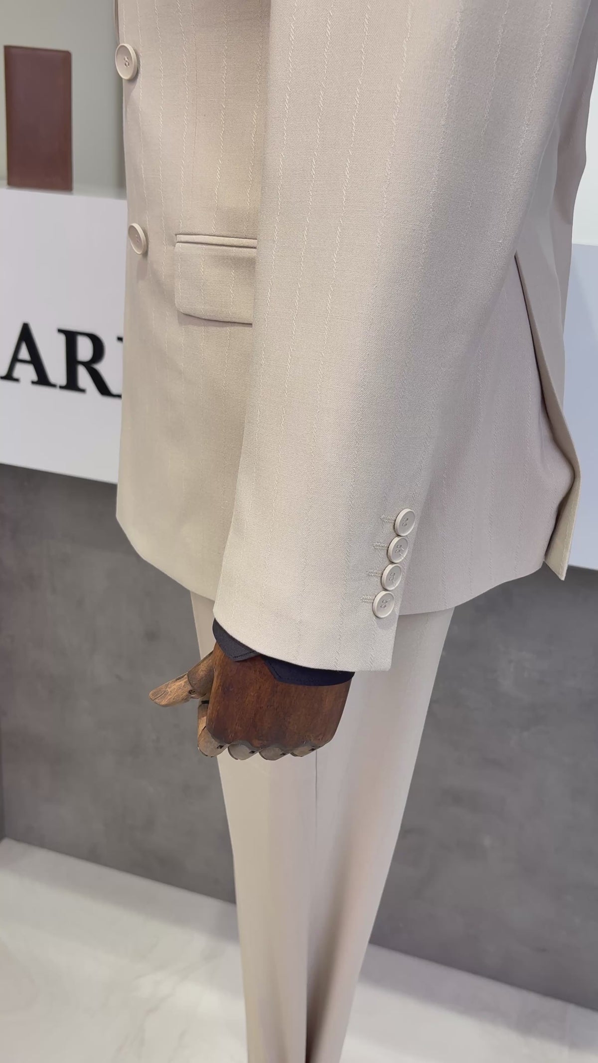 Slim Fit Erkek Sivri Yaka Desenli Kruvaze Ceket Pantolon Takım Elbise- Bej