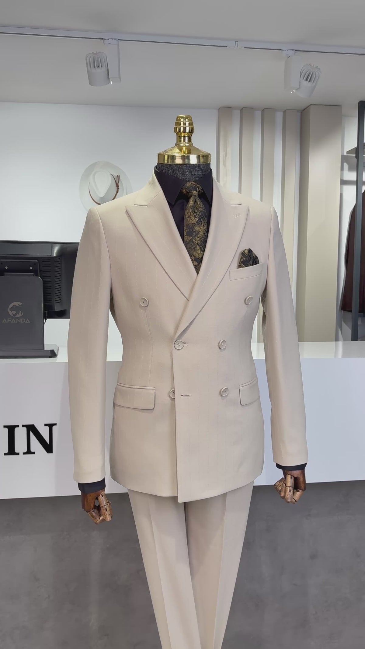 Slim Fit Erkek Sivri Yaka Desenli Kruvaze Ceket Pantolon Takım Elbise- Bej