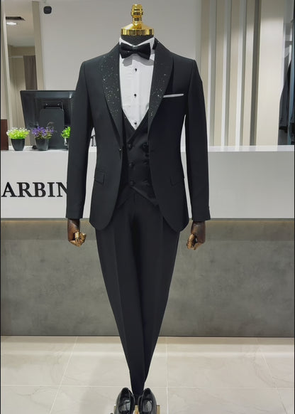 italyan stil çıkarılabilir yaka ceket yelek pantolon damatlık set Siyah