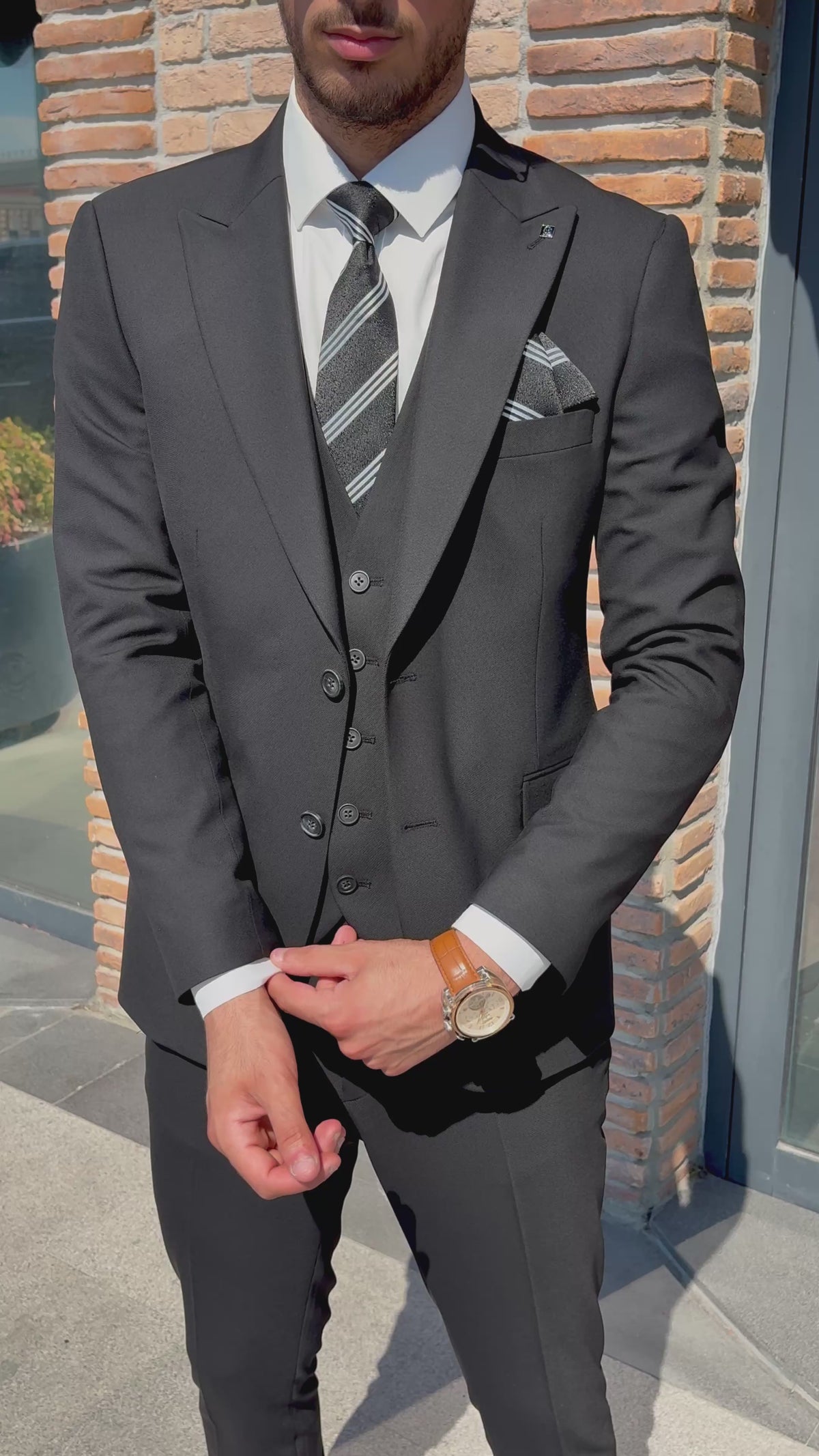 Slim Fit Erkek Sivri Yaka Ceket Yelek Pantolon Takım Elbise- Siyah