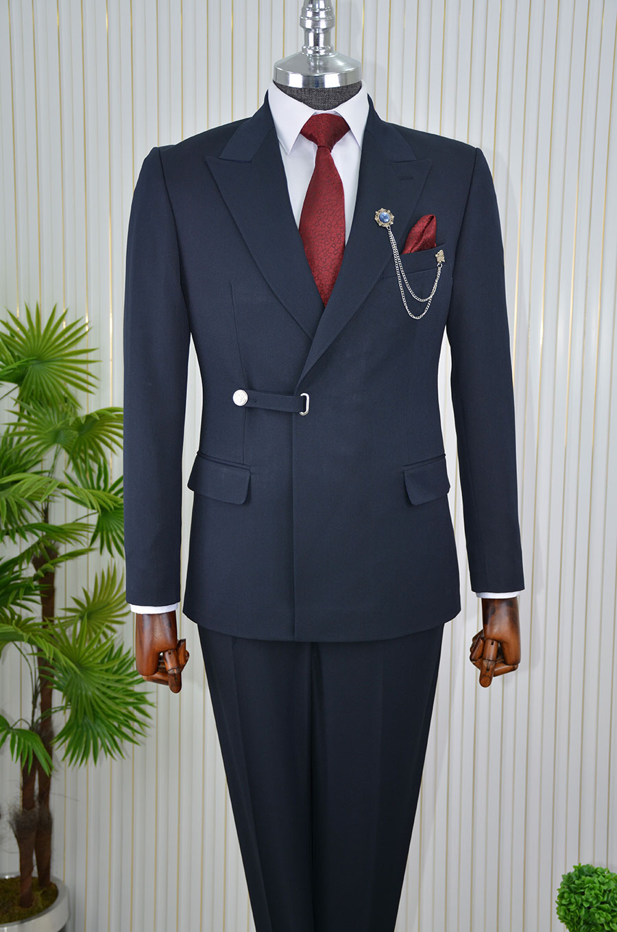 İtalyan Stil Slimfit Kruvaze Belden Düğmeli Ceket  Pantolon Takım Elbise
