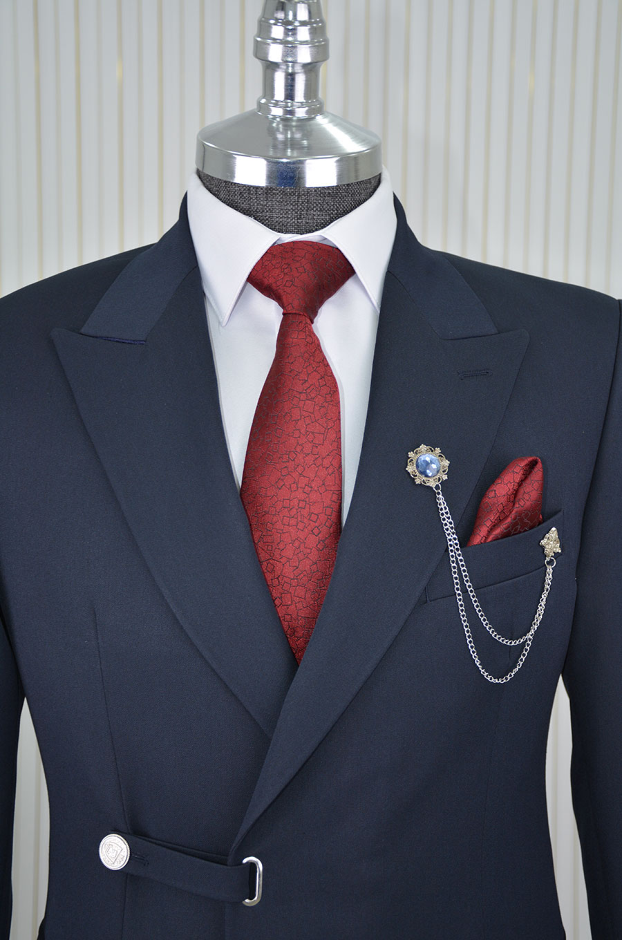İtalyan Stil Slimfit Kruvaze Belden Düğmeli Ceket  Pantolon Takım Elbise
