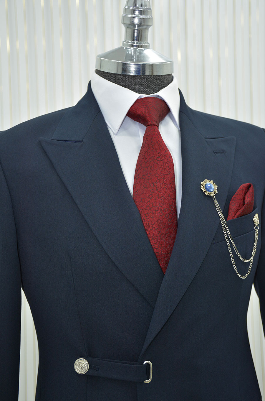 İtalyan Stil Slimfit Kruvaze Belden Düğmeli Ceket  Pantolon Takım Elbise