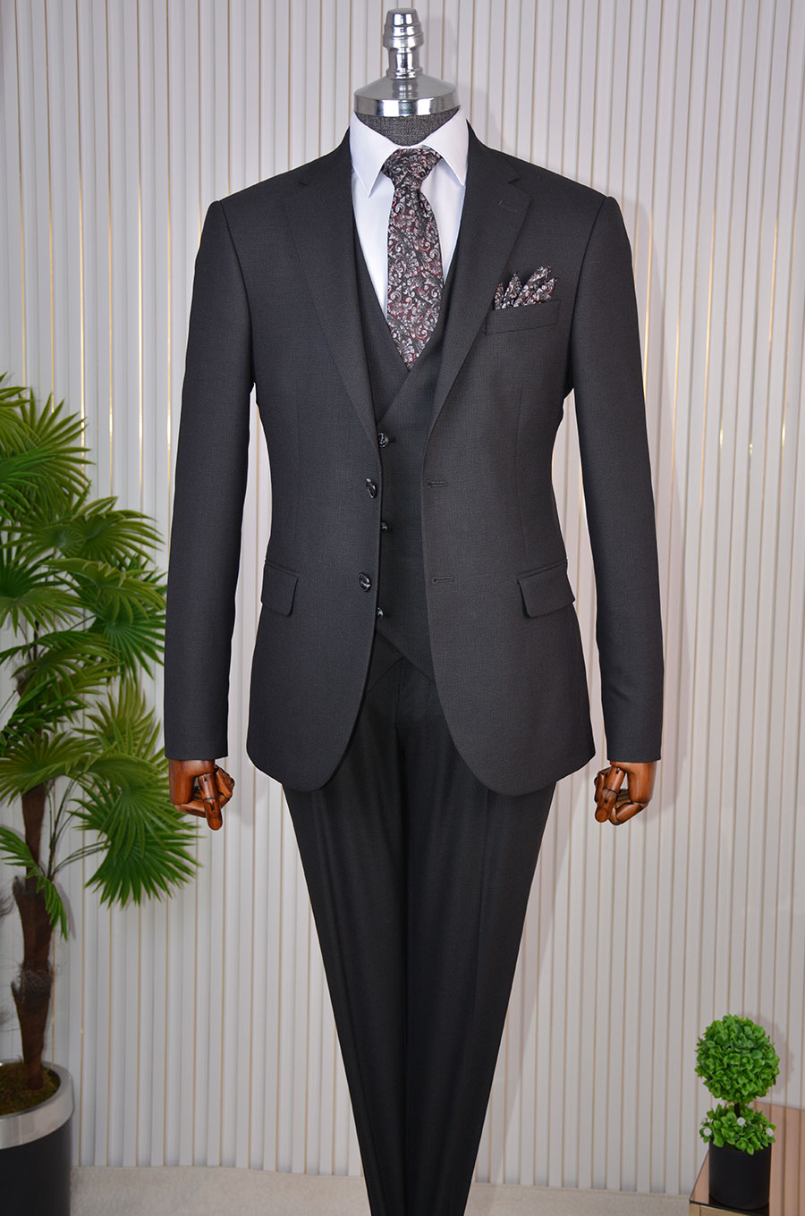 İtalyan Stil Slimfit DESENLİ Ceket Yelek Pantolon Takım Elbise